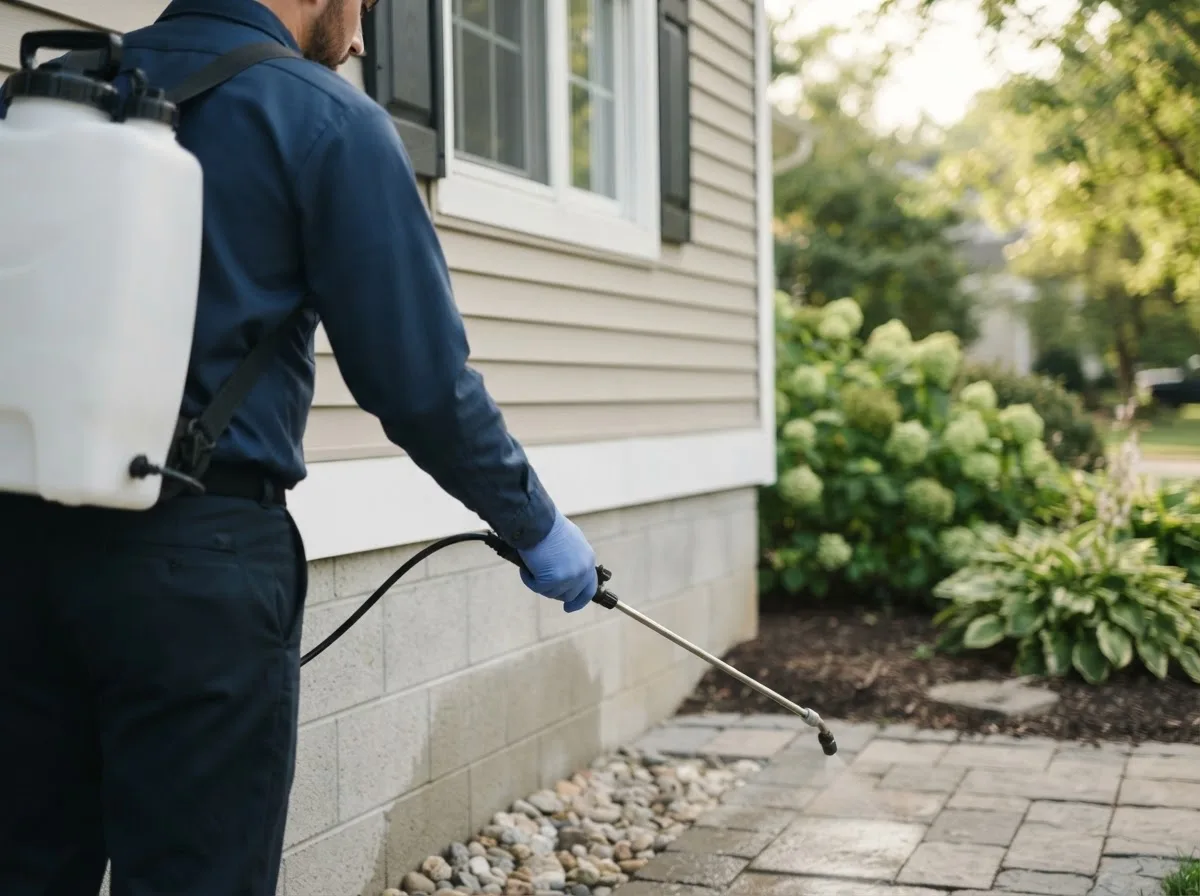 Pest control technician inspecting a home in French Camp, CA